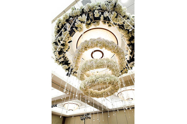 Three Designers Take Wedding Flowers to New Heights with Chic Floral Chandeliers